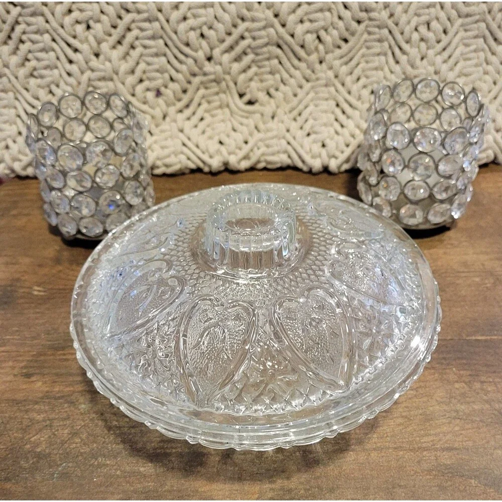 KIG Indonesia Roses in Hearts Pattern Glass Candy Dish with Lid - 1950's